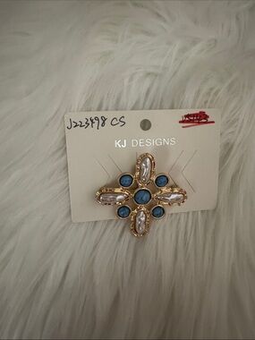 JK Designs Gold-Tone Brooch with Blue and Pearl Accents